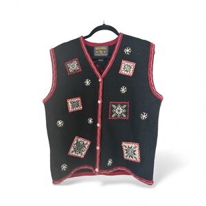 Vintage Woolrich XL Nordic Sweater Vest Black w/ Snowflakes